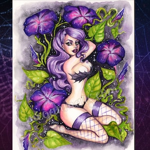 Garden of Magic - 8x10 Art Print by Megan Mars - pinup art - witch moon  witchy - modern witch - midnight garden - witchcore