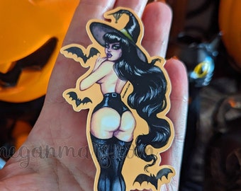 STICKER « Shy Witch » vintage pin-up Halloween - sorcière gothique - sticker pin-up - chauves-souris
