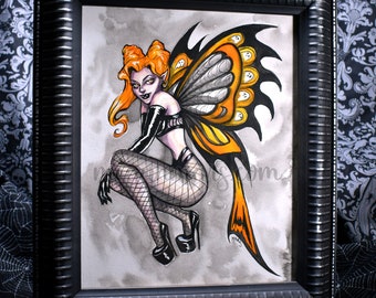 Art original - Goth Moth - peinture à l’encre et à l’aquarelle - Halloween - fée papillon - pin-up goth - inktober - pin-up Halloween - gothique