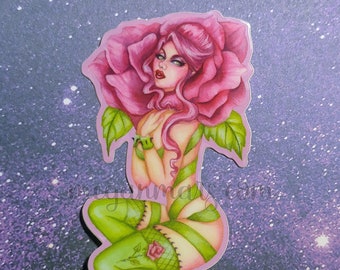 STICKER « Fetish Rose » - Floral Garden Pinup - Pinup fétiche sexy - pin-up féminine - fleur de cheveux roses femme - épines