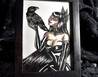 Art original - Corbeau - encre encadrée et peinture à l’aquarelle - Halloween - corbeau - pin-up goth - inktober - Pin-up d’Halloween