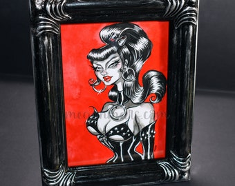 Art original - Punk Mistress - encre et peinture à l'aquarelle - latex maîtresse - vintage sleaze - goth pin-up - Bettie Page