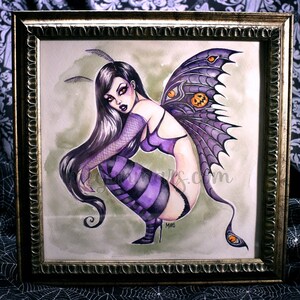 Halloween Goth Moth - Original Art framed ink and watercolor painting - Halloween - fairy pinup art - night moth - spooky art - goth pinup