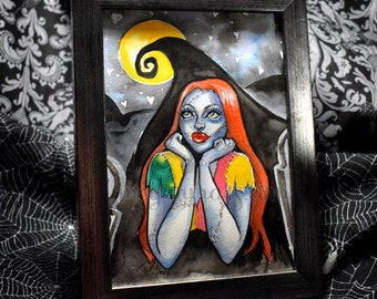 Art original - Sally - peinture encadrée à l'encre et aquarelle - Halloween - Halloweentown - pin-up gothique - inktober - pin-up d'Halloween
