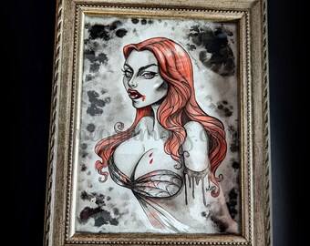 Art original - Vampire - peinture encadrée à l'encre et aquarelle - Halloween - mariée vampire - pin-up gothique - inktober - sangsue - rousse