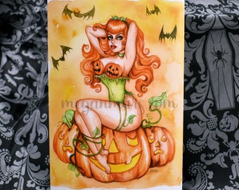 Halloween Pinup 4x6 - Halloween - art pin-up sorcière - chauves-souris - inktober - art effrayant - pin-up goth - citrouilles - jack-o-lanterne