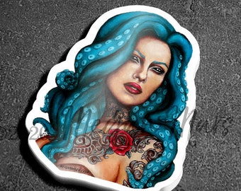 STICKER -Odette by Megan Mars - octopus tentacle hair goddess - tattoed pinup - mermaid hair - pinup art