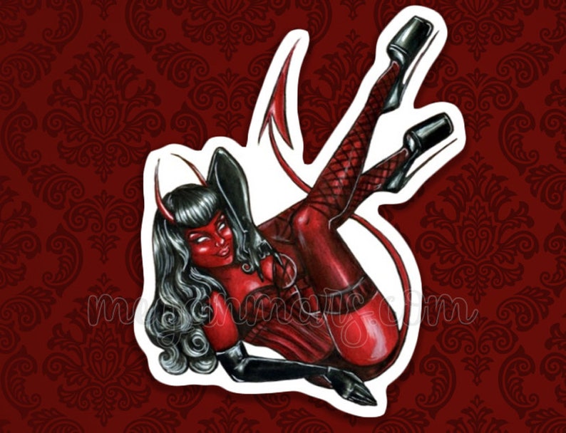 STICKER - 'Red Devil' - Latex BDSM Pinup Art Sticker - Devil girl - Bettie Page - Corset Lingerie - Erotic Art - Pin-up Girl 