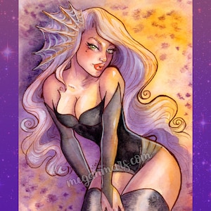 Framed Siren Art: Goth Halloween Pinup, Ink & Watercolor Painting