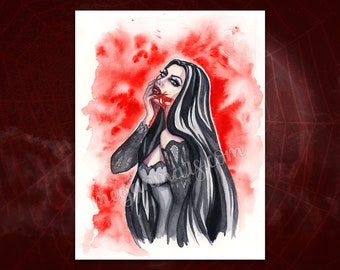Kiss of Death- 5x7 print - vampire pinup art - kiss of the vampire - inktober - spooky art - goth pinup