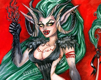 Krampus - 4x6 Art Print - aquarelle - pin-up art - pin-up - aquarelle - Krampusnacht - Noël - fille du diable des fêtes festives