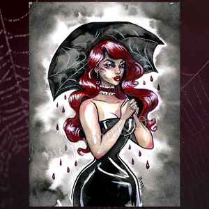 Mourning Widow - Original Art ink and watercolor painting - Halloween - pinup art - horror art - inktober - spooky goth girl art - spider