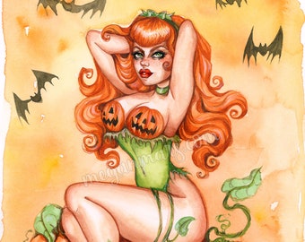 Halloween Pinup 8x10 - Halloween - art pin-up sorcière - chauves-souris - inktober - art effrayant - pin-up goth - citrouilles - jack-o-lanterne