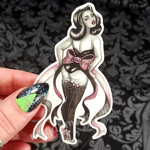 STICKER &quot;Pinktober Bow&quot; spooky pinup girl - halloween burlesque - showgirl - lingerie - kink - vintage pin-up girl