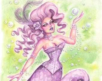 Art original - "Rococo Mermaid" - peinture à l'aquarelle - art pin-up - pin-up - art aquarelle - printemps - Mermay - sous le glamour de la mer