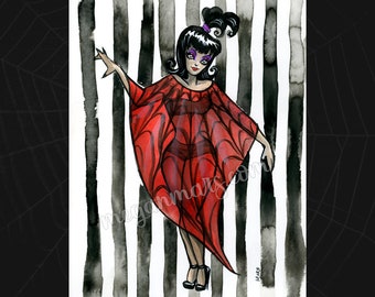 Art original - « Étrange et inhabituel » - peinture à l'encre et aquarelle - Halloween - art pin-up goth effrayant - dessins animés des années 90 - Lydia