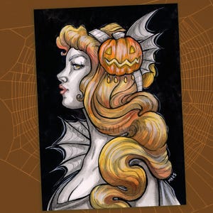 May include: Illustration of a woman in profile with long, flowing orange hair and a carved pumpkin headpiece. The artwork features a black background and a grayscale color palette for the woman's skin and clothing, with accents of orange and yellow.