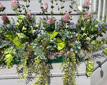 Window Box Silk Flower Arrangement Boxwood Lavender Purple Mini Flowers Cascading Greens for your 28"L - 30"L Box