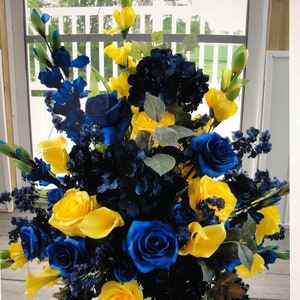 Royal Blue Yellow and Navy Blue Wedding Church Altar Arrangement Custom Colors Welcome! Pure Country Charm Reception Centerpieces available