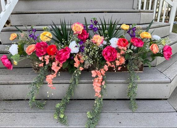 Window Box Arrangement Colorful Silk with Succulents and Cascading  Eucalyptus for your 30" window box Colors as shown or Custom Colors