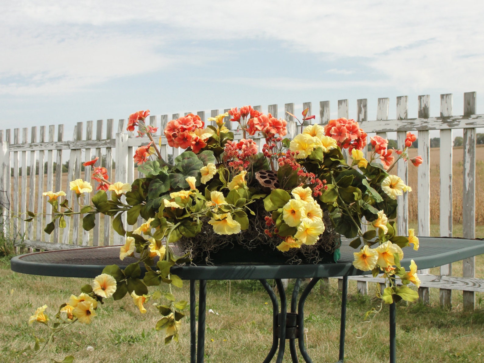 Window Box Silk Flower Arrangement Orange Geraniums Yellow Etsy