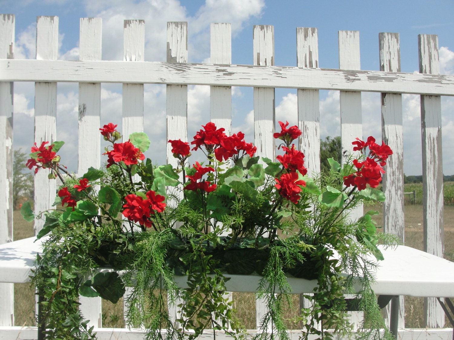 Red Geraniums Green Plants Window Box Floral Silk Flower Etsy