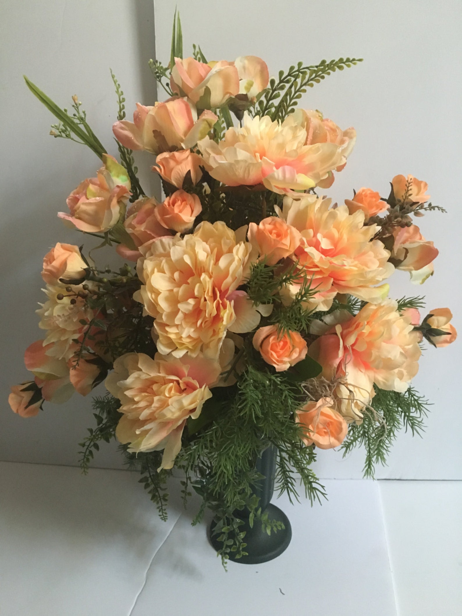 Coral / Sonia Peonies Roses Urn Silk Flower Arrangement | Etsy
