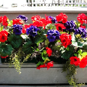 May include: A hanging planter filled with red, blue, and green flowers. The planter is made of a dark green material and is hanging from a wooden railing.