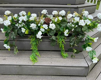 Window Box Silk Flower Arrangement All White with Babys Breath Geraniums Petunias and Lotus Pods to insert in a 30"L Box