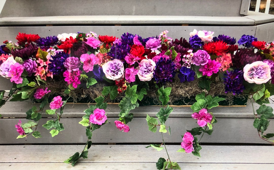 Window Box Silk Flower Arrangement Purple Geraniums Assorted Red Pink and Violet Flowers to Fit