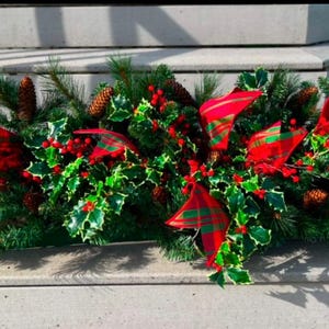 Window Box Outdoor Assorted Artificial Pine Pinecones Birch Holly and Plaid Ribbon to fit into your 54"L window box photo does not match yet