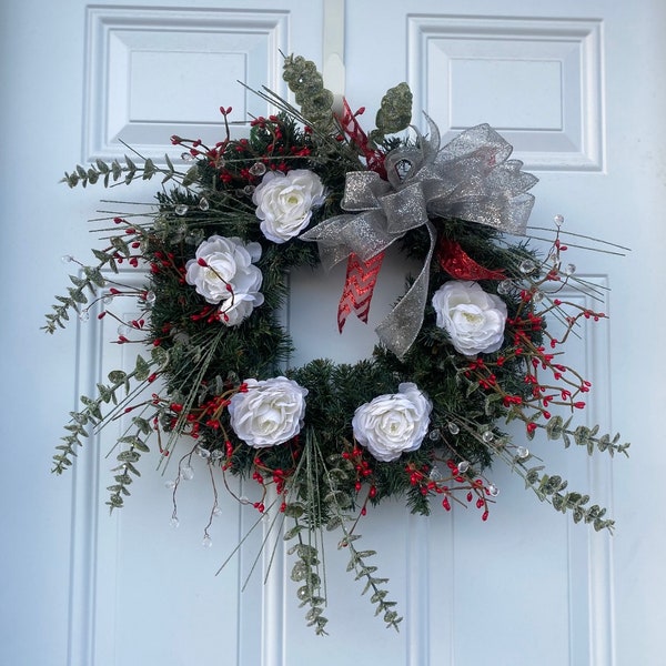 Country Pine Door Wreath White Ranunculus Eucalyptus Silver Bow Red Berries 18" Custom Colors Welcome