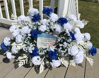 If Tears could Build a Stairway Verse on Headstone Tombstone Saddle Spray   approx. 30"L x 16"H x 12"W Blue and White Silk with Babes Breath