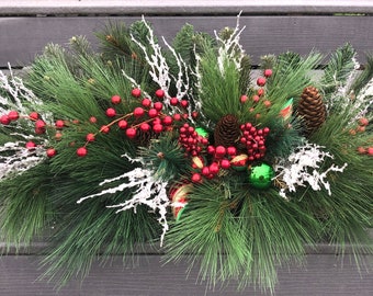 Window Box Outdoor Christmas Winter Months Pine Pinecones Ornaments Snowy Branches Red Berries fits into 24"L window box