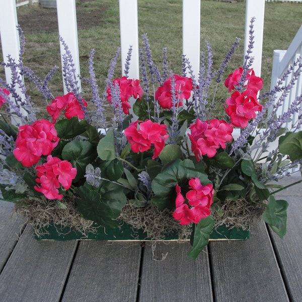 Pink Geraniums with Lavender Silk Window Box Arrangement in 18"L x 4"W Base for your 24" Window Box Custom Colors and Sizes Welcome