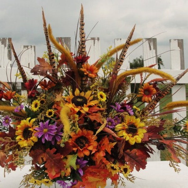 Memorial Summer Fall Cemetery Grave Decorations Headstone Flowers extend 40"L on Standard Saddle Frame Arrangement