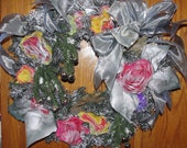Vintage Victorian Silver Gray 20&quot; Wreath Cloth Roses Silver Jingle Bells Christmas Door Decoration Shop online Gifts or Custom Ideas