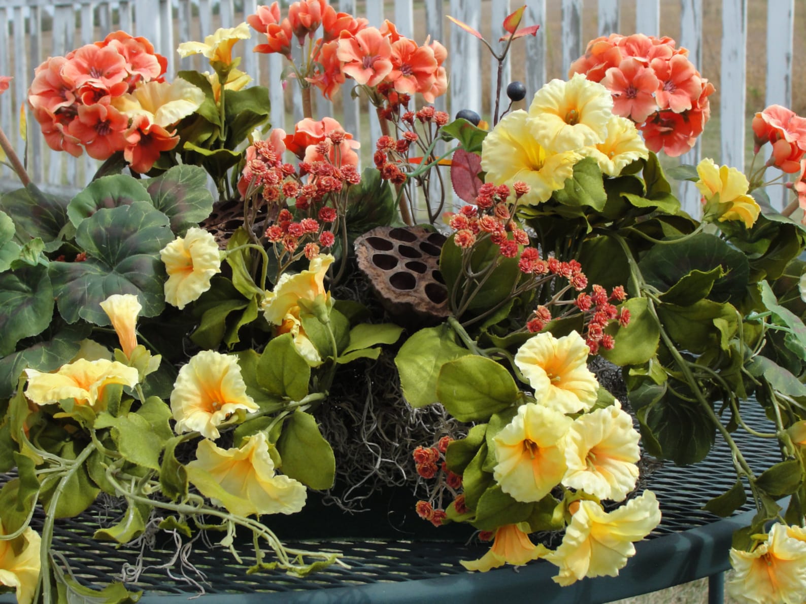 Window Box Silk Flower Arrangement Orange Geraniums Yellow Etsy