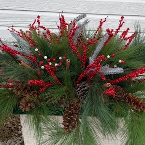 Outdoor Window Box Arrangement for your 22"L x 12"W Box with Assorted Pine Berries and Pinecones to look nice on both sides