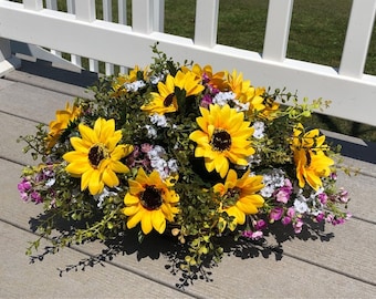 Centerpiece with Yellow Sunflowers Purple Wax Flower Baby Breath Silk Flower Arrangement Custom Colors Welcome! approx. 16"L x 10"H x 10"W