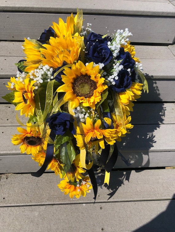 Blue or Red Roses Yellow Sunflowers Bridal Wedding Bouquet Baby