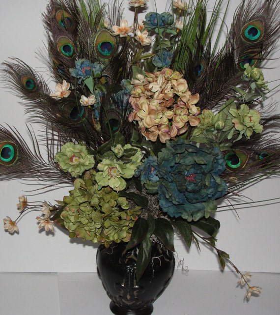 Tuscan Tan Sage Blue Vase Silk Arrangement Peacock Feathers Etsy