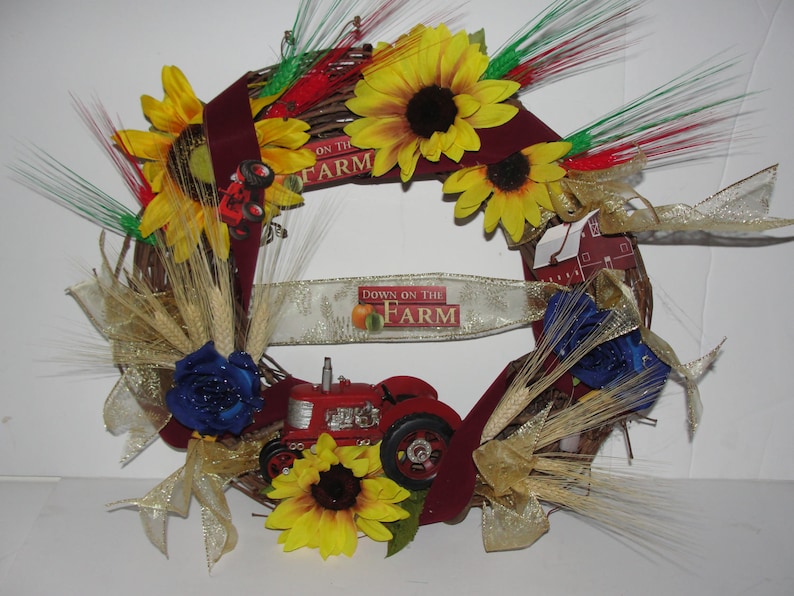Toy Red IH Tractor Farmer 18 Grapevine Wreath Wheat Silk Sunflowers Blue Roses Country Door Cemetery Funeral Sympathy Custom Orders Welcome