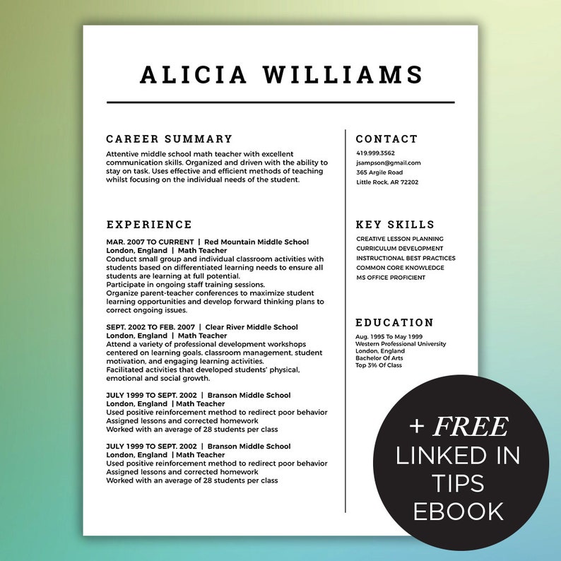 Simple Resume Template Free Linked In Tips EBook Included 4 Page Package Mac Or PC Microsoft Word And Adobe Indesign WILLIAMS