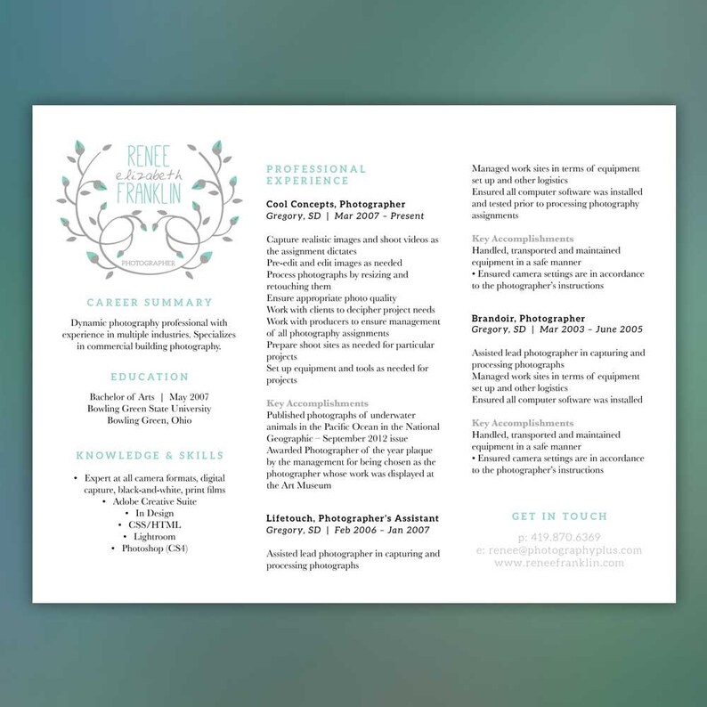modern resume teal photographer or creative horizontal layout instant download word document franklin 2 what is needed for a modern resume