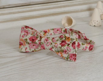 Bow Tie Floral Ivory Bow Tie Cotton Pink Roses Floral Wedding Bow Tie SALE