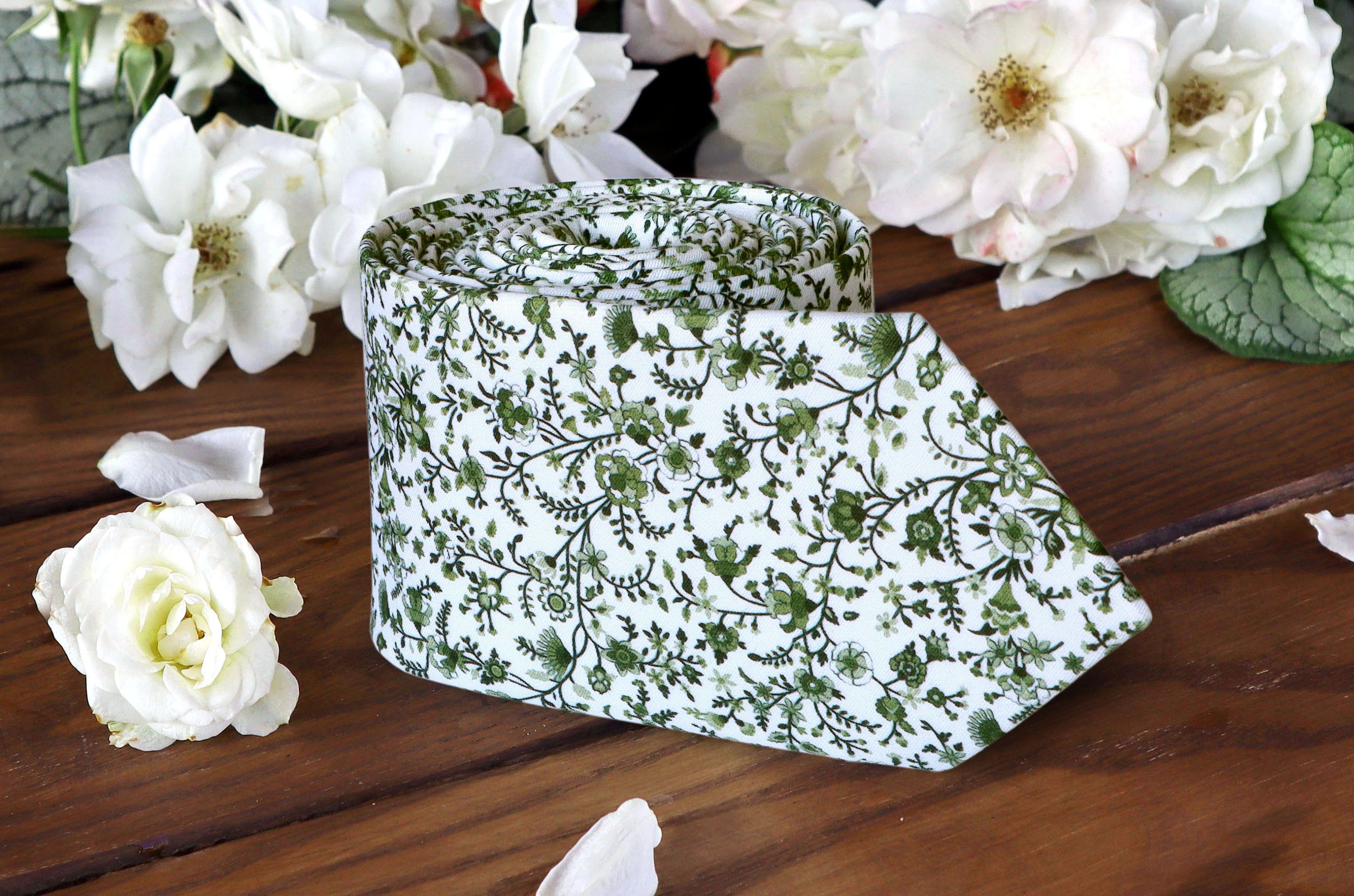 Green Floral Tie White Wedding Moss Wildflowers Necktie Fern