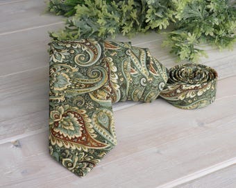 Corbata Paisley Verde Salvia - Corbata de boda botánica vintage, corbata color oro champán para el novio, corbata Paisley musgo vintage, regalo para padrinos de boda