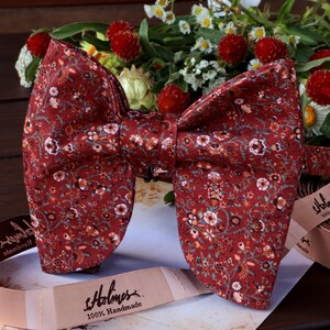 May include: A red bow tie with a floral pattern. The bow tie is handmade and has a label that says "Holmes 100% Handmade".
