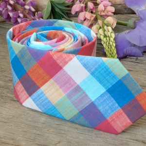 Multicolored plaid Tie   Men&#39;s Red Blue plaid skinny tie  Wedding plaid Ties  Necktie for Men SALE